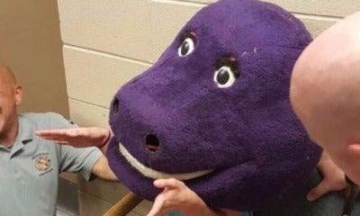 Prank Gone Very Wrong When Teen Traps Herself In Huge Barney Head - World Of Buzz 2