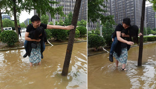 Chinese Girlfriend Carries Boyfriend Over Flood Waters To Save His Leather Shoes - World Of Buzz 6