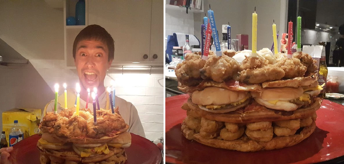 When Cake Isn'T Good Enough: Australian Guy Creates 54,000 Calorie Fast-Food Birthday Cake Of Nuggets, Pizza And Cheesburgers - World Of Buzz