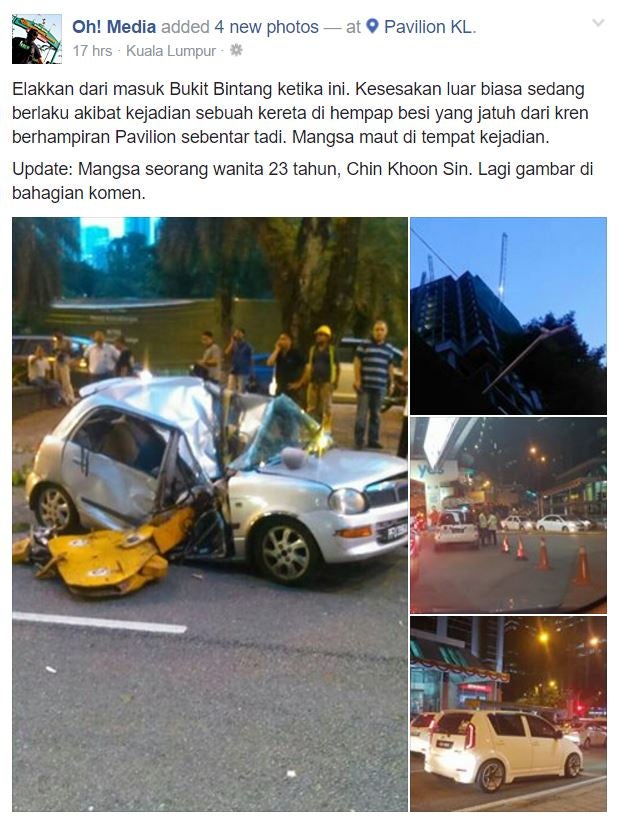 Woman Killed At Bukit Bintang When Part Of Crane Falls On Her Car - World Of Buzz