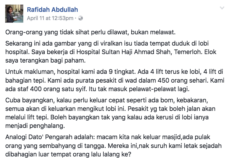 Malaysian Doctor Calls Out Hospital Visitors, Explains Why Hospital Lobbies Don't Have Chairs - World Of Buzz