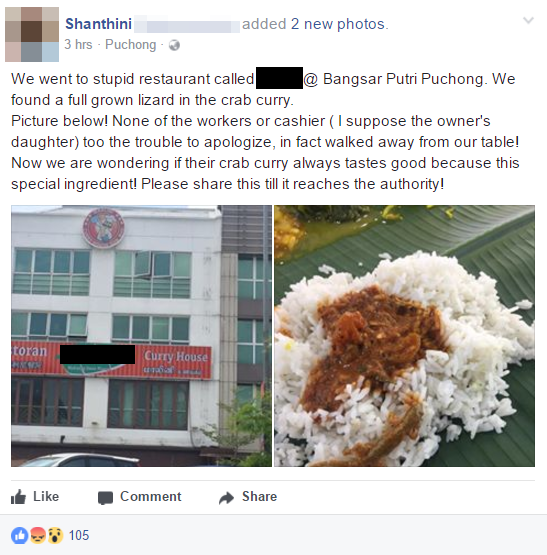 Facebook User Finds a Whole Lizard in Food at Puchong Banana Leaf Restaurant - World Of Buzz 1