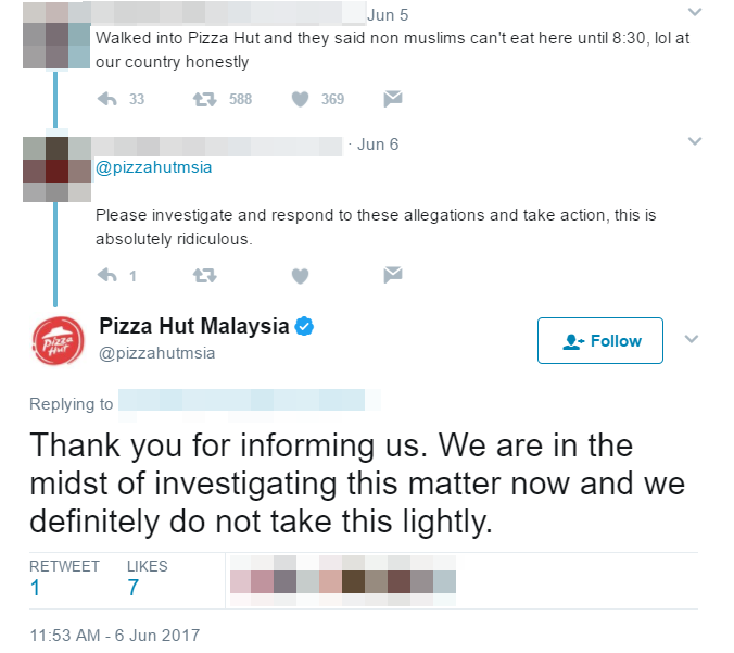 Pizza Hut Responds to Netizen's Tweet About Them Only Serving Non