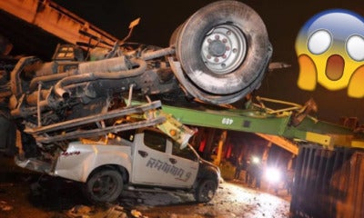 Massive Trailer Falls Off Bridge And Lands Onto Pickup Truck, Victims Unharmed - World Of Buzz