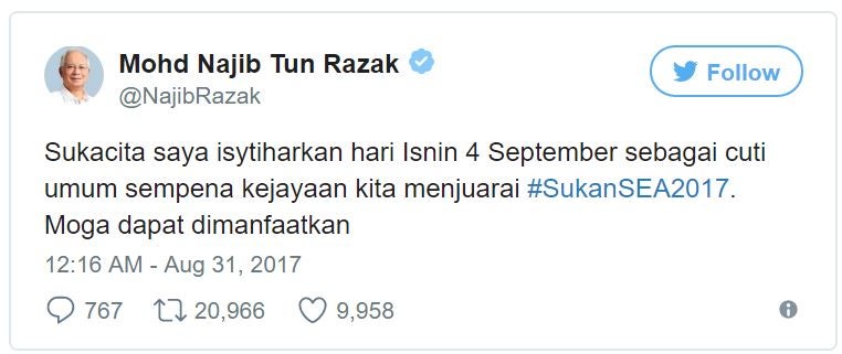 PM Najib Declares September 4 As a National Holiday - World Of Buzz
