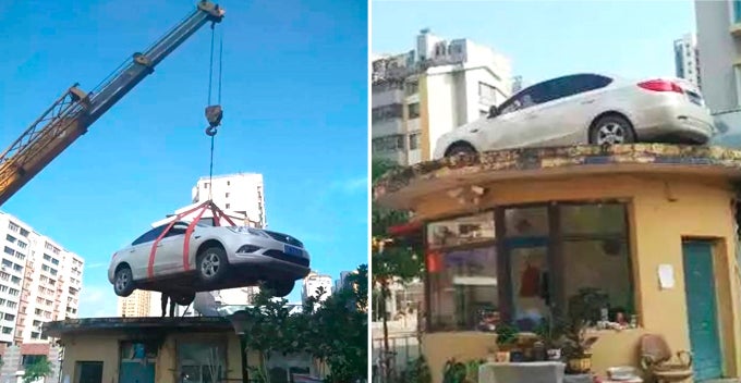 Stubborn Woman'S Car Blocking The Entrance, Crane Hired To Lift And Leave It On Roof - World Of Buzz