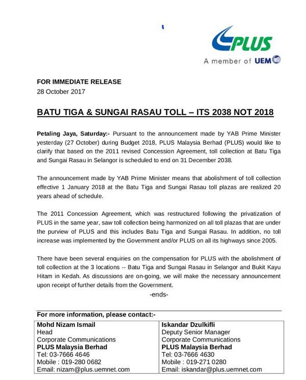 PLUS Says Batu Tiga and Sungai Rasau Tolls Only Supposed to End in 2038 - WORLD OF BUZZ 1