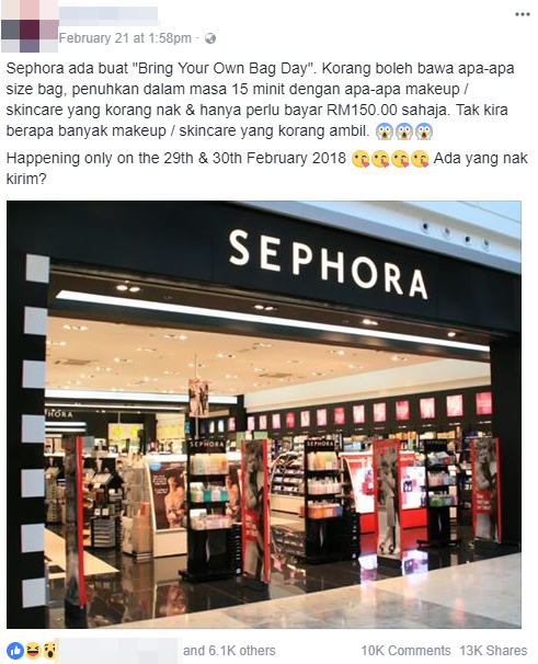 Viral Post About "Bring Your Own Bag Day" Sale at Sephora Malaysia is Fake - WORLD OF BUZZ 1
