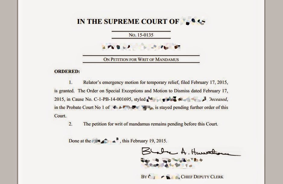Tex 15 0135 Supreme Court Stay Order in Travis County Probate Court case with same sex marriage claim