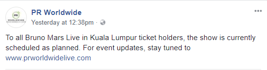 PR Worldwide Announce Bruno Mars KL Concert to Go on As Planned on 9th May - WORLD OF BUZZ