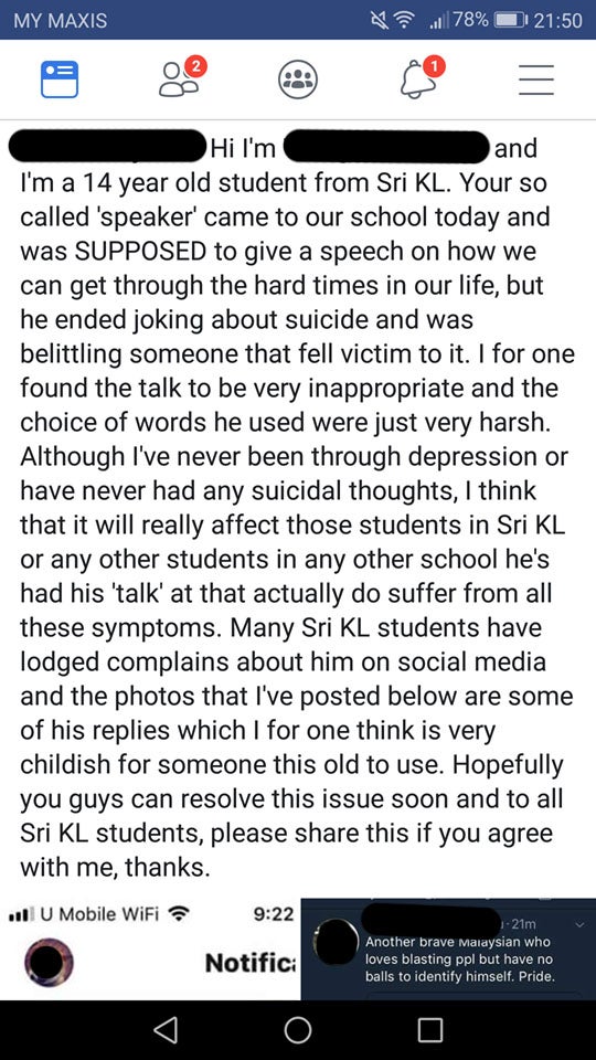 Speaker Invited To KL Highschool Disgustingly Mocks Suicide Victims and Calls Them 'Fragile' - WORLD OF BUZZ