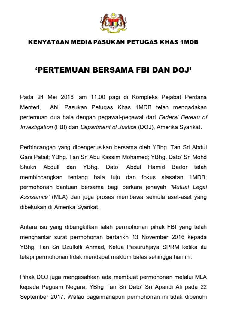 1MDB Special Task Force Meets with DoJ and FBI, Agrees to Cooperate Fully - WORLD OF BUZZ 1