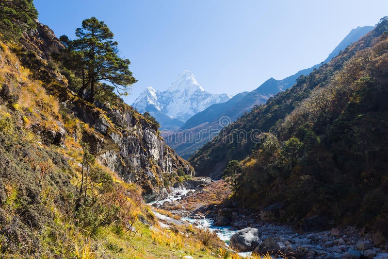 ama dablam mountain snow peaks imja khola gorge canyon river ridge everest base camp route trail trekking nepal traveling 57715004