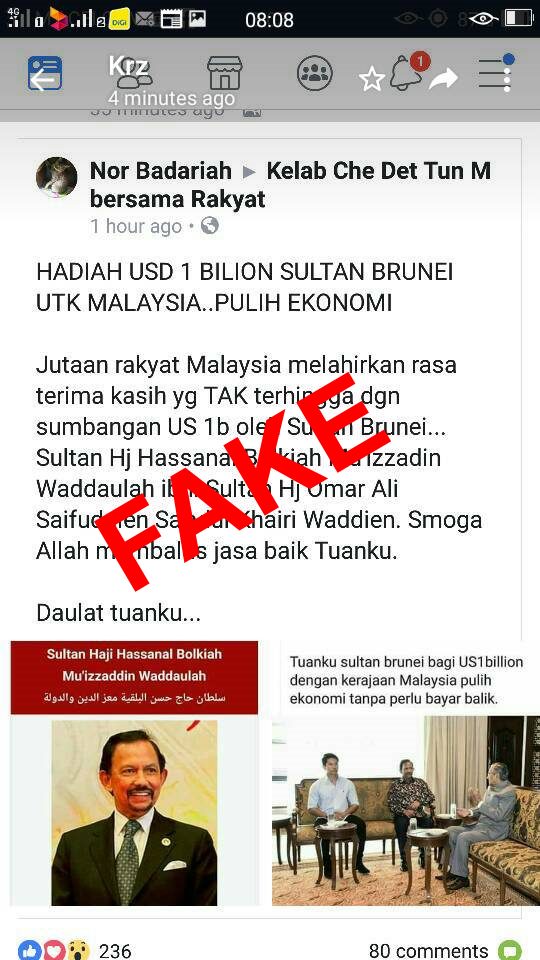 Fake News: Brunei Sultan Did NOT Donate USD$1bil to Help Malaysian Economy - WORLD OF BUZZ 1