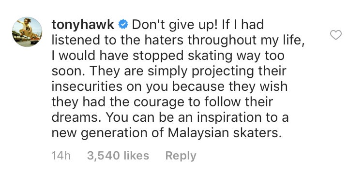Tony Hawk: Don't Give Up Fatin! You Can Be An Inspiration To A Generation Of Malaysian Skaters - WORLD OF BUZZ