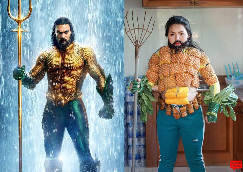 Girl Creatively Cosplays Aquaman's Iconic Suit Using Pineapples, Corn and Vegetables - WORLD OF BUZZ 1