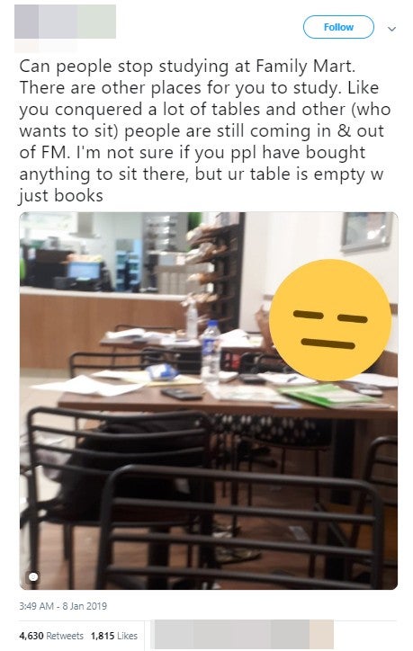 Malaysian Netizen Calls Out Students Hogging Tables At Family Mart - World Of Buzz