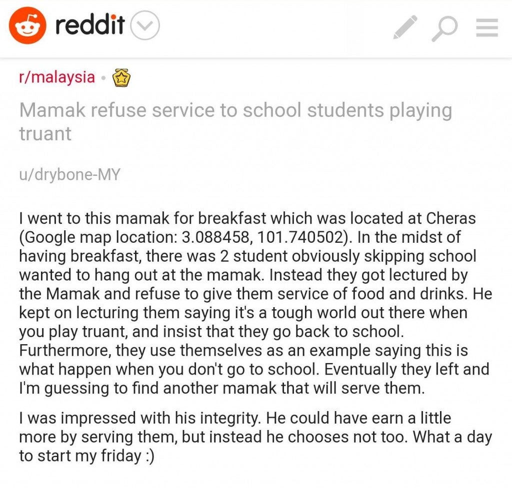 Netizens Applaud Mamak Waiter In Cheras For Refusing To Serve High School Students Skipping School - World Of Buzz 2
