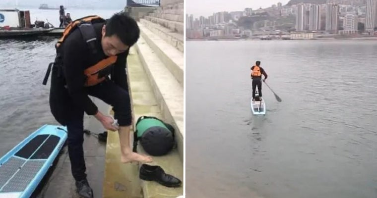 Man Sick Of Hour-Long Commute Starts Going To Work By Paddling Through River, Reaches There In 6 Min - World Of Buzz