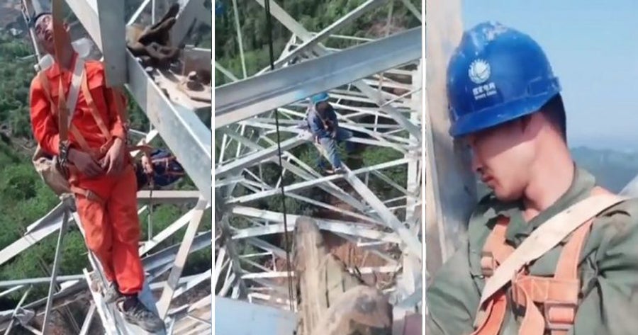 Fearless Electric Workers Take A Nap 164 Feet In The Air With Only Ropes To Support Them - World Of Buzz 1