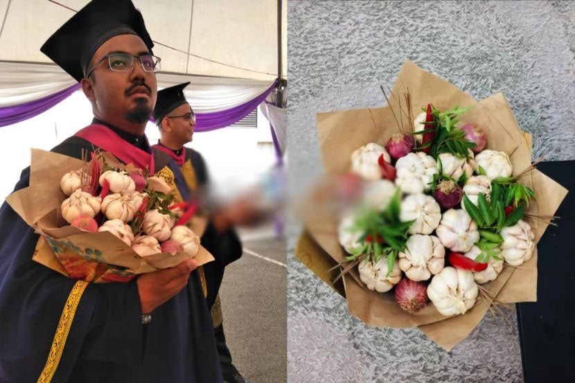 This UiTM Culinary Graduate Loves to 'Membawang' So His GF Gave Him a Garlic Bouquet for Convocation - WORLD OF BUZZ