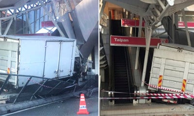 Escalator Damaged After Lorry Shockingly Rams Into It At Taipan Lrt Station - World Of Buzz