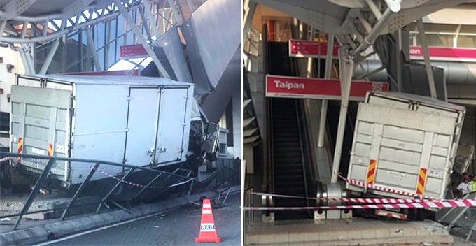 Escalator Damaged After Lorry Shockingly Rams Into It At Taipan Lrt Station - World Of Buzz