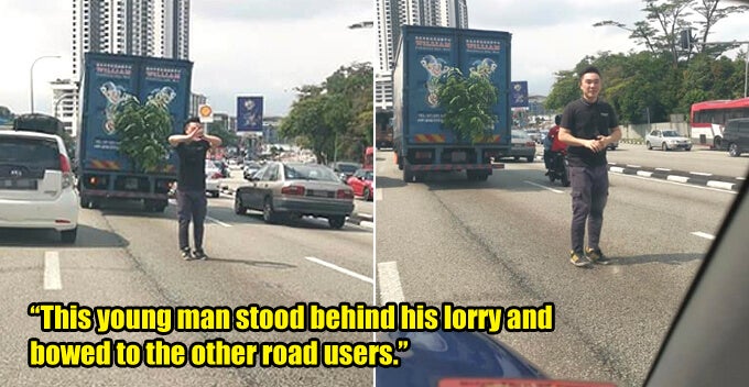 M'sian Man Bows And Apologises to Road Users After His Stalled Lorry Caused Traffic Jam - WORLD OF BUZZ
