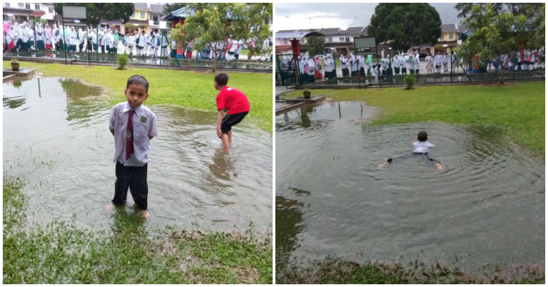 Kid Makes The Rest Of The World Jealous By Swimming In Huge Puddle On His School Field - World Of Buzz