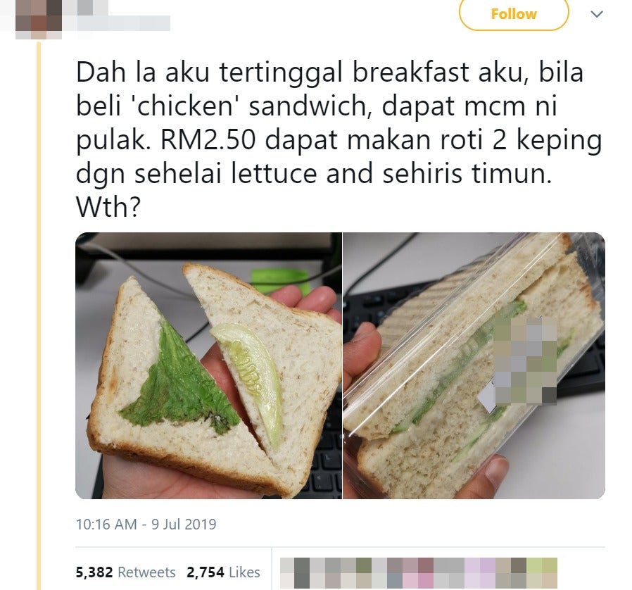 M'sian Buys Chicken Sandwich For Breakfast But Gets One Piece Of Lettuce & A Cucumber Slice Instead - WORLD OF BUZZ 5