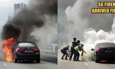 Singapore Car Caught On Fire In The Middle Of Johor-Singapore Causeway, Firemen From Both Sides Came To Rescue - World Of Buzz