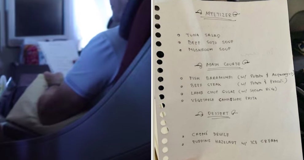 Travel Vlogger Posts Photo Of Handwritten Menu on Business Class Flight, Airline Reports Him to Police - WORLD OF BUZZ