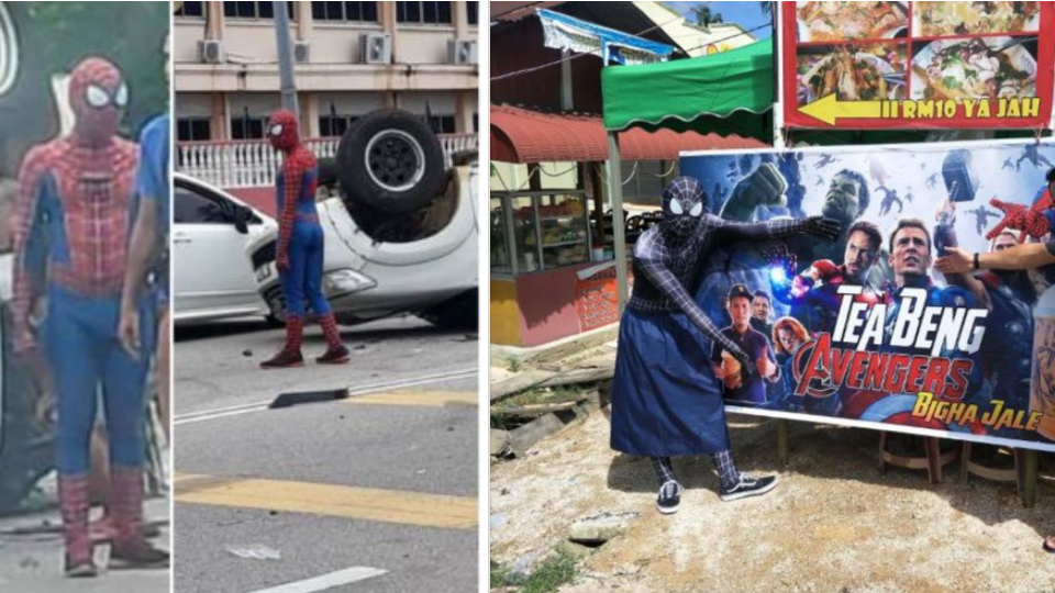 spider man goes viral in kuantan after helping victims of a car accident world of buzz