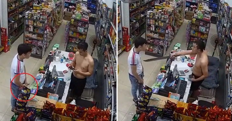Watch: Would-Be Robber Pulls Out Knife, Shopkeeper Takes Out A Half-Metre-Long Parang In Return - World Of Buzz 4