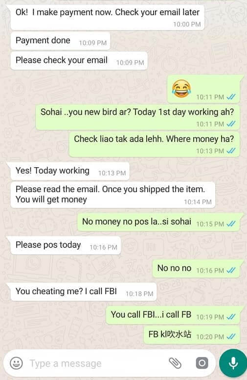 FB Netizen Posts Hilarious Conversation Of An Alleged Scammer Getting "Scammed" Back - WORLD OF BUZZ 1