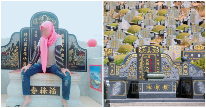 Girl Get Tired Of Her Usual Poses & Backdrops, Takes Photo Of Herself Sitting On a Chinese Grave - WORLD OF BUZZ