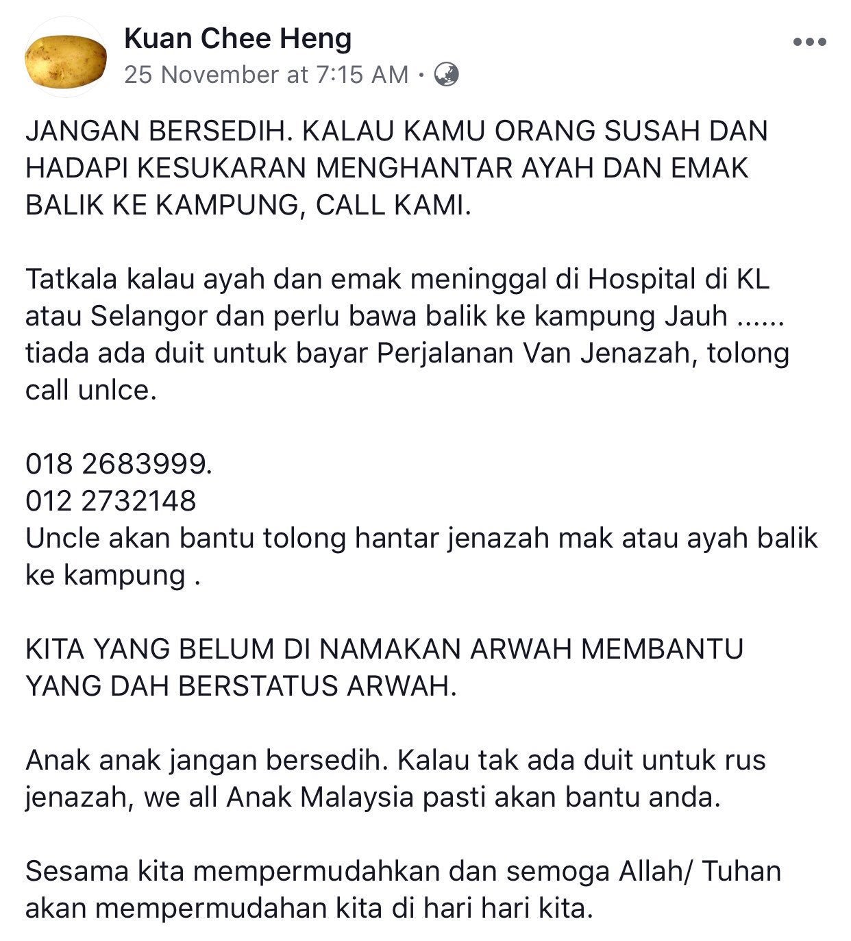 Kind M'sian Uncle Offers Help To Families Who Can't Afford Funerary Costs Regardless Of Race - World Of Buzz 2