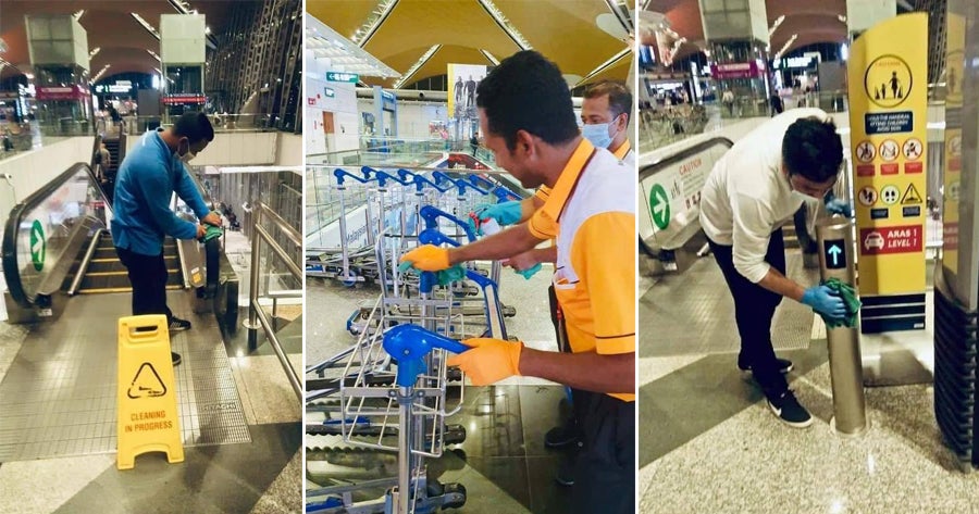 Real-Life Heroes: M'sian Cleaners Work Tirelessly to Wipe Surfaces at Airports to Keep Viruses at Bay - WORLD OF BUZZ