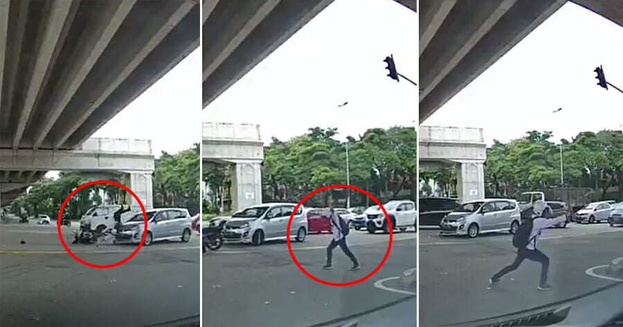 Watch: M'sian Motorcyclist Gets Hit After Beating Red Light, Immediately Gets Up to Bersilat - WORLD OF BUZZ