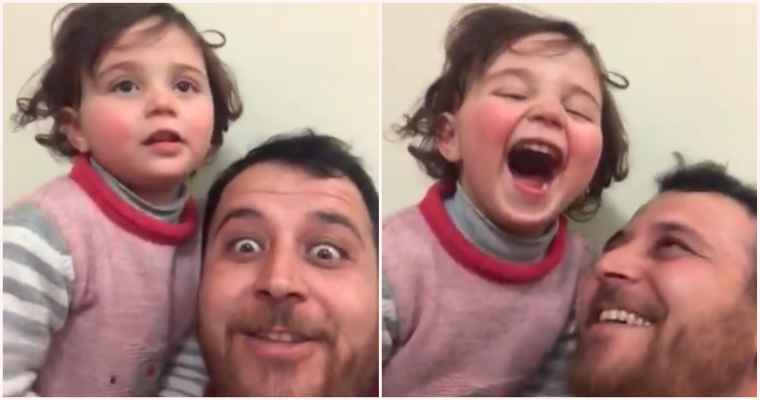 Father Creates Laughing Game To Distract Adorable Daughter From Explosions In Their City - WORLD OF BUZZ