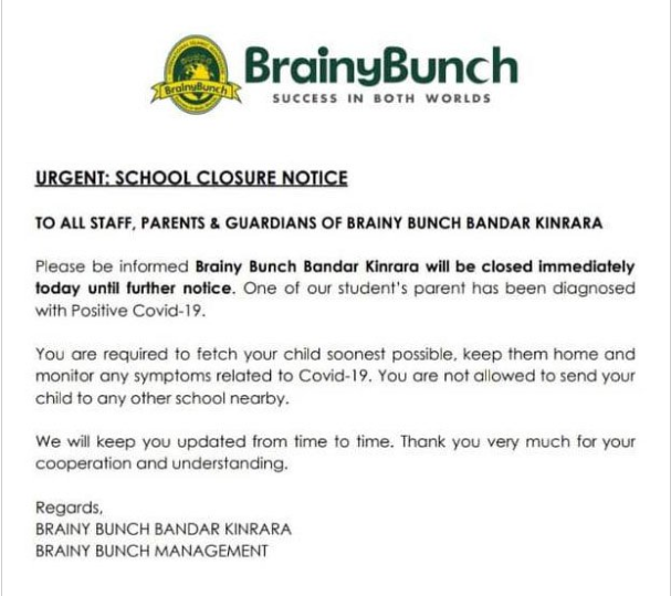 Bandar Kinrara Brainy Bunch Kindergarten Temporarily Closes, 1 Parent Tests Positive For Coronavirus - WORLD OF BUZZ