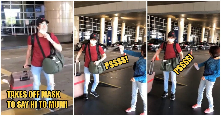 Video: M'sian Mum Welcomes Her Son Home At Airport By Hilariously Spraying Him With Disinfectant - WORLD OF BUZZ 2