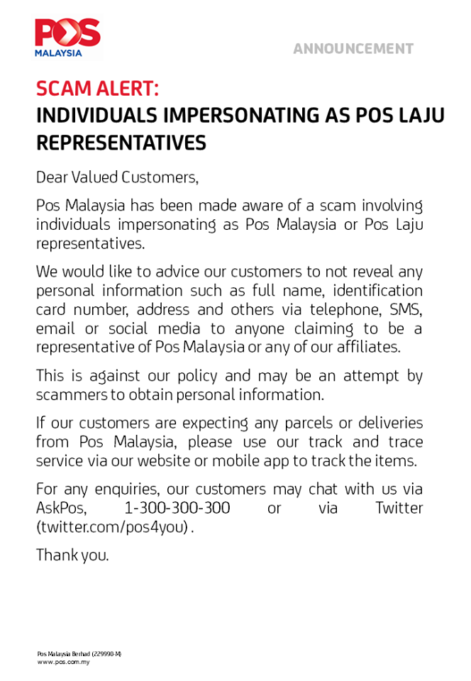 Pos Malaysia Warns Public Of Scammers Impersonating Pos Laju Representatives - WORLD OF BUZZ