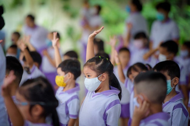 Young Asian Girls Kindergarten Schools Thailand Wear Protective Masks Covid 19 Virus Stand Line Social Distancing 140555 577