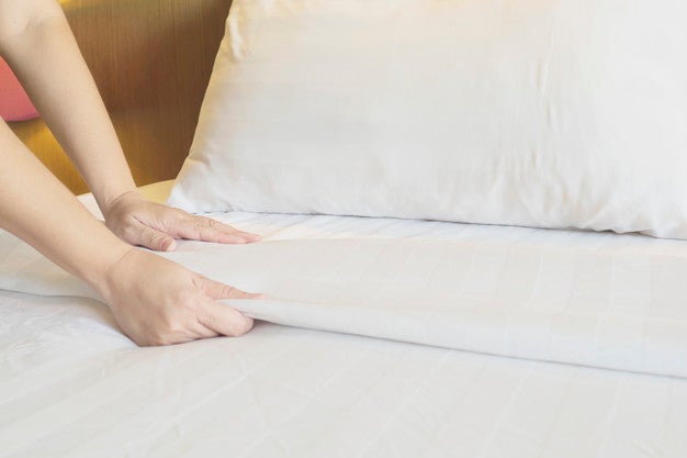 Lady Hands Set Up White Bed Sheet Hotel Room 1150 6441