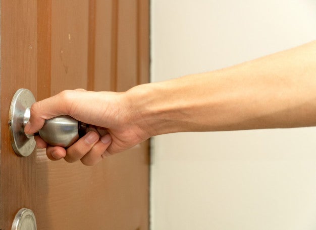 Man S Hand Reaching Door Knob Opening Door Brown 82984 139