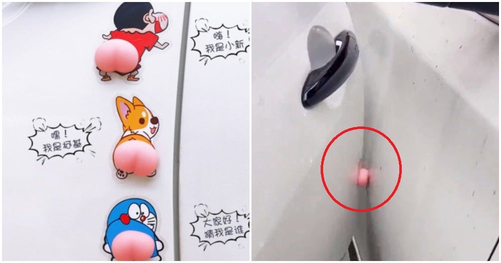 Collage Of Squishy Butt Stickers On Car Door Crayon Shin Chan Doraemon Corgi