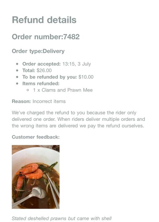 Customer feedback for prawn mee