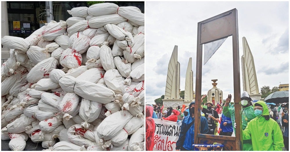 Mountain Of Mock Corpses And Guillotine During The Thai Protest