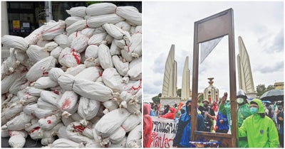 Mountain-Of-Mock-Corpses-And-Guillotine-During-The-Thai-Protest